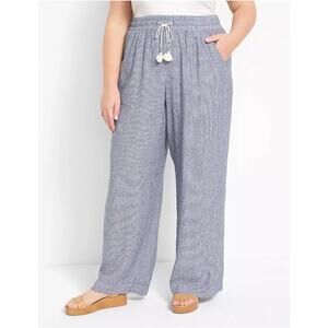 Lane Bryant Soft Linen Wide Leg Pants Womens Size 14 Blue Striped Tasseled